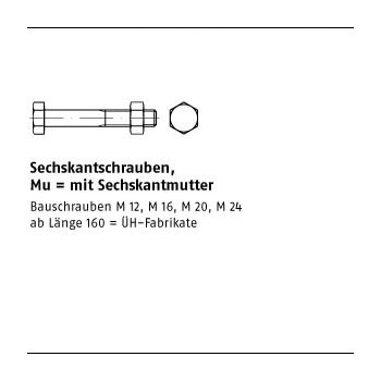 100 Stück DIN 601 Mu Stahl Sechskantschrauben mit Sechskantmutter M6x90 mm