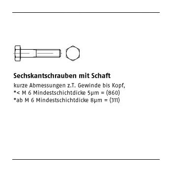 200 Stück DIN 931 8.8 gelb verzinkt 8 Sechskantschrauben mit Schaft M6x65 mm