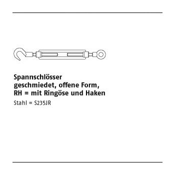 1 Stück DIN 1480 Stahl SP RH galvanisch verzinkt Spannschlösser geschmiedet offene Form mit Ringöse und Haken SP RH M8 mm