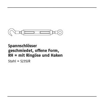 1 Stück DIN 1480 Stahl SP RH galvanisch verzinkt Spannschlösser geschmiedet offene Form mit Ringöse und Haken SP RH M12 mm