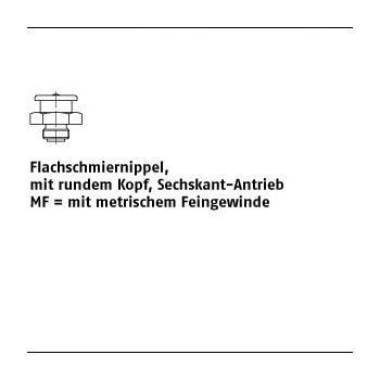 100 Stück DIN 3404 5.8 m F galvanisch verzinkt Flachschmiernippel mit rundeMKopf Sechskant Antrieb mit metr. Feingewinde M6x1 SW 11 mm