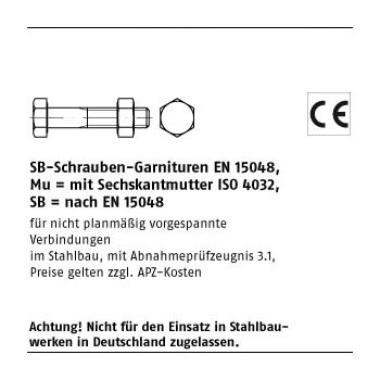 100 Stück ISO 4014 Mu 8.8 SB galvanisch verzinkt SB Schrauben Garnituren EN 15048 mit Sechskantmutter ISO 4032 M10x75 mm