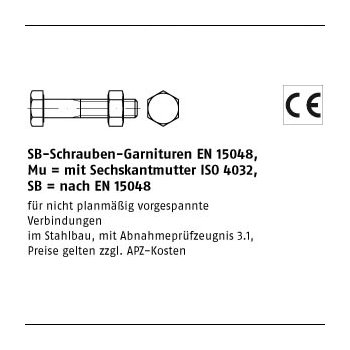 100 Stück ISO 4014 Mu 8.8 SB feuerverzinkt SB Schrauben Garnituren EN 15048 mit Sechskantmutter ISO 4032 M12x50 mm