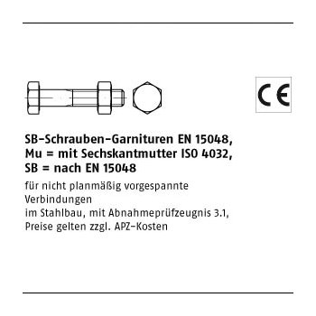10 Stück ISO 4014 Mu 8.8 SB feuerverzinkt SB Schrauben Garnituren EN 15048 mit Sechskantmutter ISO 4032 M27x90 mm
