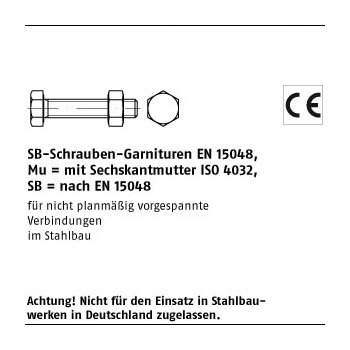 200 Stück ISO 4017 Mu 8.8 SB galvanisch verzinkt SB Schrauben Garnituren EN 15048 mit Sechskantmutter ISO 4032 M10x16 mm