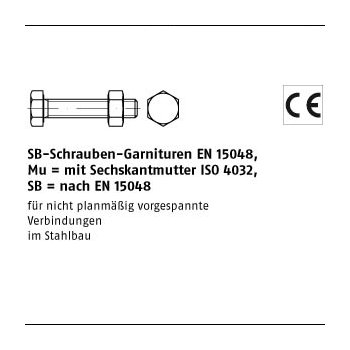 25 Stück ISO 4017 Mu 8.8 SB feuerverzinkt SB Schrauben Garnituren EN 15048 mit Sechskantmutter ISO 4032 M20x40 mm