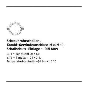 100 Stück DIN 4109 Stahl + Dämmeinlage galvanisch verzinkt Schraubrohrschellen mit Schallschutz Einlage DIN 4109 20 23 M8/M10 mm