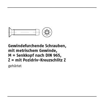 1000 Stück DIN 7500 Stahl Form MZ galvanisch verzinkt Gewindefurchende Schrauben KS Z metr. Gewinde Senkkopf nach DIN 965 MM4x25 Z mm