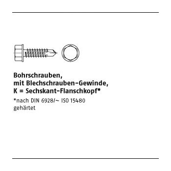 100 Stück DIN 7504 Stahl Form K galvanisch verzinkt Bohrschrauben mit Blechschrauben Gew. mit Sechskant Flanschkopf K 6,3x120 mm