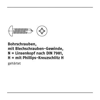 1000 Stück DIN 7504 Stahl Form N H galvanisch verzinkt Bohrschrauben mit Blechschrauben Gew. mit Linsenkopf nach DIN 7981 mit KS H N 3,5x19 H mm