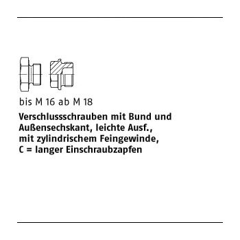 1 Stück DIN 7604 Stahl Form C Verschlussschrauben mit Bund und Ask. leichte Ausführung mit zyl. Fein Gew. CM52x15 mm