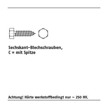 1000 Stück DIN 7976 A2 Form C Sechskant Blechschrauben mit Spitze C 3,5x22 mm