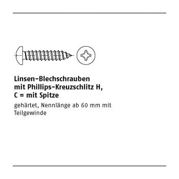 100 Stück DIN 7981 Stahl Form C H galvanisch verzinkt Linsen Blechschrauben mit Spitze mit Phillips Kreuzschlitz H C4,2x45 H   mm