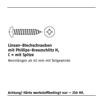 1000 Stück DIN 7981 A2 Form C H Linsen Blechschrauben mit Spitze mit Phillips Kreuzschlitz H C 2,2x13 H mm