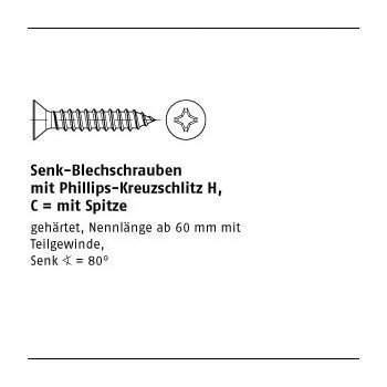 1000 Stück DIN 7982 Stahl Form C H galvanisch verzinkt Senkkopf Blechschrauben mit Spitze mit Phillips Kreuzschlitz H C 2,9x25 H mm