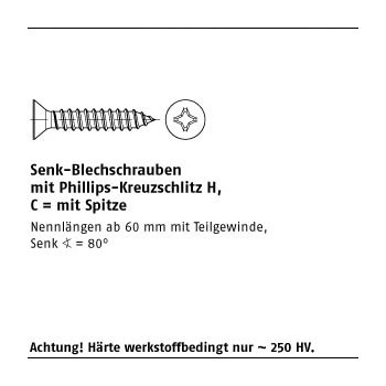 100 Stück DIN 7982 A2 Form C H Senkkopf Blechschrauben mit Spitze mit Phillips Kreuzschlitz H C 3,9x9,5 H   mm