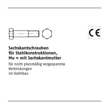 100 Stück DIN 7990 Mu 4.6 SB Sechskantschrauben mit Sechskantmutter für Stahlkonstruktionen M12x30 mm