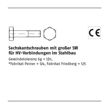 1 Stück EN 14399 4 10.9 feuerverzinkt P Sechskantschrauben mit großer SW für HV Verbindungen im Stahlbau M20x170 mm