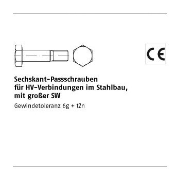 1 Stück EN 14399 8 10.9 feuerverzinkt P Sechskant Passschrauben mit großer SW für HV Verbindungen im Stahlbau M22x70 mm