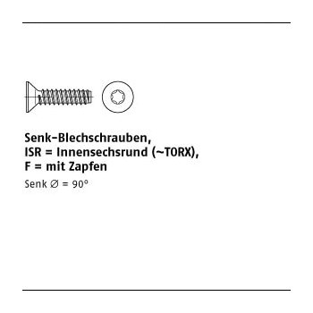 500 Stück ISO 14586 Stahl geh. Form F galvanisch verzinkt Senkkopf Blechschrauben mit Zapfen mit Innensechsrund (TORX) 3,5x50 F mm