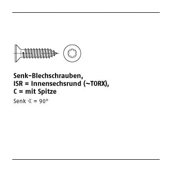 500 Stück ISO 14586 A2 Form C ISR Senkkopf Blechschrauben mit Spitze mit Innensechsrund (TORX) 3,9x25 C mm