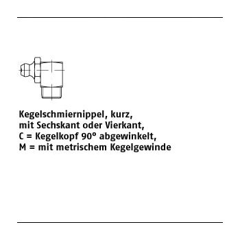 100 Stück DIN 71412 5.8 Form C galvanisch verzinkt Kegelschmiernippel kurz mit Sechskant oder Vierkant Kegelkopf 90° Kegelgew. CM6x1 SW 9 mm