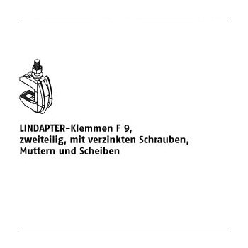 1 Stück Temperguss F 9 galvanisch verzinkt LINDAPTER Klemmen F 9 zweiteilig mit verzinkten Schrauben Muttern u. Scheibe M10 / 19  42 mm