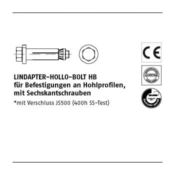 1 Stück Stahl HB galvanisch verzinkt LINDAPTER HOLLO BOLT HB f. Befestigungen an Hohlprofilen mit Sechskantschraube M16x75/29 mm