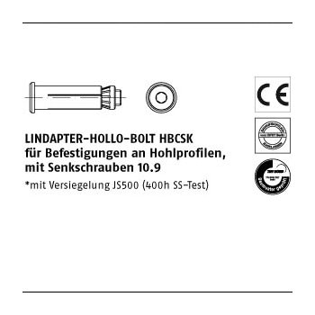 1 Stück Stahl HBCSK galvanisch verzinkt LINDAPTER HOLLO BOLT HBCSK für Befest. an Hohlprofilen mit Senkkopfschrauben CSK 16 1 ( 70/29) mm