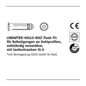 1 Stück Stahl HBFF galvanisch verzinkt LINDAPTER HOLLO BOLT FlushFit f. vollst. versenkbare Befestigung an Hohlprofilen FF 08 3 ( 90/64) mm