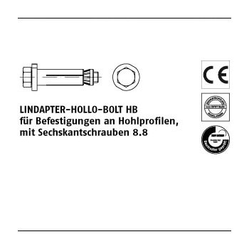 1 Stück Stahl HB feuerverzinkt LINDAPTER HOLLO BOLT HB f. Befestigungen an Hohlprofilen mit Sechskantschraube M8x50/22 mm