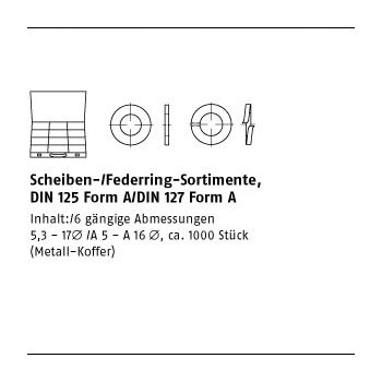 1 Stück Sortim. DIN 125/127 Stahl galvanisch verzinkt Scheiben /Federring Sortimente DIN 125 Form A/DIN 127 Form A DIN 125 / 127 mm