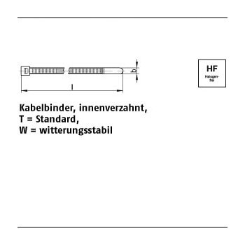 100 Stück PA 6.6 W T W schwarz (BK) Kabelbinder innenverzahnt Standard witterungsstabil 25x100 / 22 mm