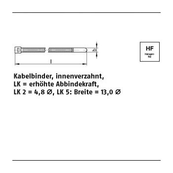 200 Stück PA 6.6 LK 2/LK 5 natur (NA) Kabelbinder innenverzahnt LK erhöhte Abbindekraft 48x120/ 28 mm