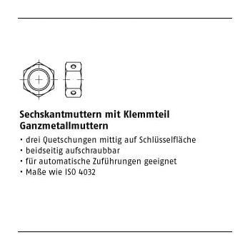 1000 Stück 10 Biloc galvanisch verzinkt Sechskantmuttern mit Klemmteil Ganzmetallmuttern M6 mm