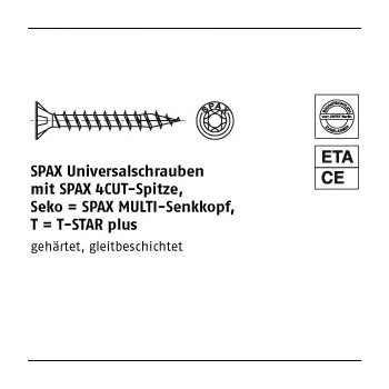 1000 Stück Stahl SPAxSeko T galvanisch verzinkt SPAxUniversalschrauben mit Spitze SPAxMULTI Senkkopf T STAR 3x12/10 T10 mm