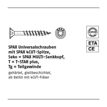 50 Stück St. SPAxSeko T Tg Oberfläche WIROxSPAxUniversalschrauben mit Spitze SPAxMULTI Senkkopf Teilgewinde T STAR 8x200/80 T40 mm