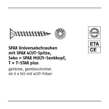 50 Stück Stahl SPAxSeko T gelb verzinkt SPAxUniversalschrauben mit Spitze SPAxMULTI Senkkopf T STAR 8x240/ 80 T40 mm