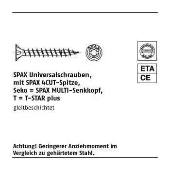 200 Stück A2 SPAxSeko T SPAxUniversalschrauben mit Spitze SPAxMULTI Senkkopf T STAR 3x12/10 T10   mm