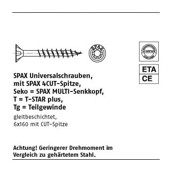 200 Stück A2 SPAxSeko T Tg SPAxUniversalschrauben mit Spitze SPAxMULTI Senkkopf Teilgewinde T STAR 45x45/30 T20   mm