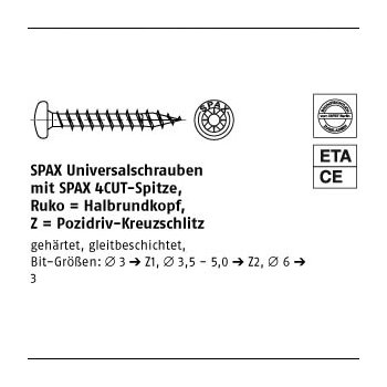 500 Stück Stahl ABC SPAX Rundkopf Z galvanisch verzinkt Universalschrauben MULTI Halbrundkopf Pozidriv KS 4x45/42 mm