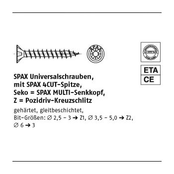 200 Stück Stahl ABC SPAX Senkkopf Z galvanisch verzinkt Universalschrauben MULTI Senkkopf Pozidriv KS 3x12/10 mm