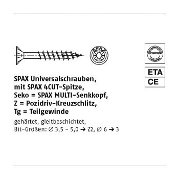 500 Stück Stahl ABC SPAX Senkkopf Z Tg galvanisch verzinkt Universalschrauben MULTI Senkkopf Pozidriv KS 4x45/30 mm