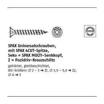 1000 Stück Stahl ABC SPAX Senkkopf Z gelb verzinkt Universalschrauben MULTI Senkkopf Pozidriv KS 2x12/11 mm