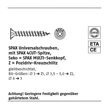 100 Stück A2 ABC SPAX Senkkopf Z Universalschrauben MULTI Senkkopf Pozidriv KS 6x50/43 mm