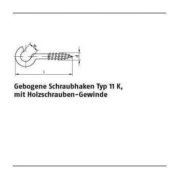 100 Stück Stahl Typ 11 K weiß beschichtet Gebogene Schraubhaken Typ 11 K mit Holzschrauben Gewinde 50x33x16 mm