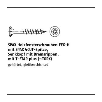 1000 Stück Stahl ABC SPAX FEX H Sonderoberfläche silber Holzfensterschrauben mit Senkkopf Bremsrippen T-Star 4x30 T15 mm