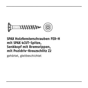 1000 Stück Stahl ABC SPAX FEX H Sonderoberfläche silber Holzfensterschrauben mit Senkkopf Bremsrippen Pozidriv KS 4x30 mm