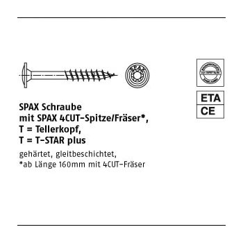50 Stück Stahl SPAxT T Oberfläche WIROxSPAxSchrauben mit Spitze/Fräser Tellerkopf 8x140 T40 mm