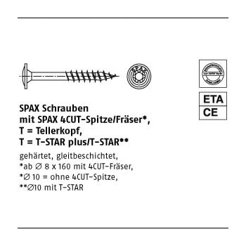 50 Stück Stahl SPAxT T gelb verzinkt SPAxSchrauben mit Spitze/Fräser Tellerkopf 8x120/80 T40 mm
